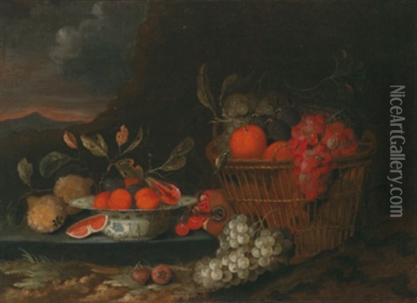 Stilleben Mit Fruchten In Einer Wan Li Krak-porzellan-schale Und In Einem Korb In Einer Gebirgigen Landschaft Oil Painting - Jan Pauwel Gillemans the Younger