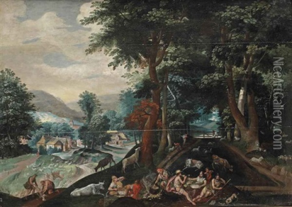 A Wooded Landscape With Mythological Figures Eating And Drinking Oil Painting - Jacob Grimmer