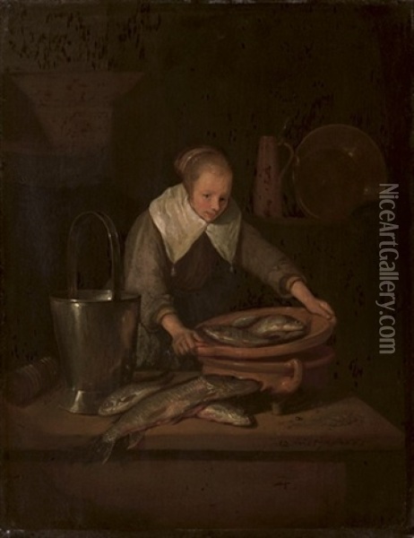 A Young Maid Preparing Fish In A Kitchen Oil Painting - Quiringh Gerritsz van Brekelenkam