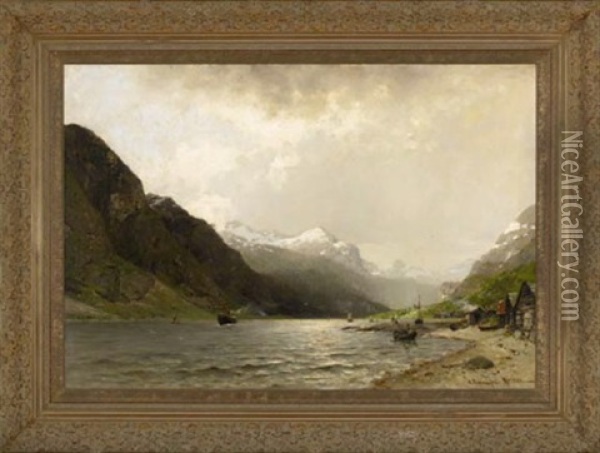 Coastal Village By The Fjord Oil Painting - Georg Anton Rasmussen