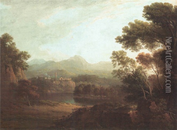 Wooded River Landscape With Castle Oil Painting - Alexander Nasmyth