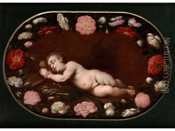 Das Jesuskind Schlafend Auf Seinen Marterwerkzeugen, Umgeben Von Rosenkranzen Oil Painting - Carlo Francesco Nuvolone
