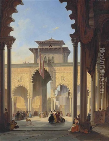 Court Of The Lions, The Alhambra, Granada Oil Painting - Francois Antoine Bossuet