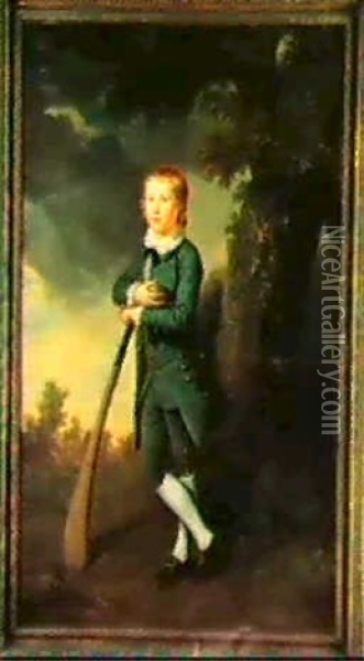 Portrait Of Herbert Newton Jarrett, Standing Full Length,   Wearing A Green Suit With Gold Buttons Oil Painting - Nathaniel Dance Holland (Sir)