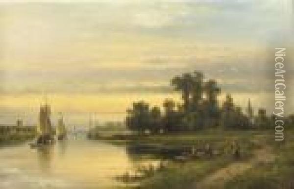 Sailing By Sunset Oil Painting - Lodewijk Johannes Kleijn