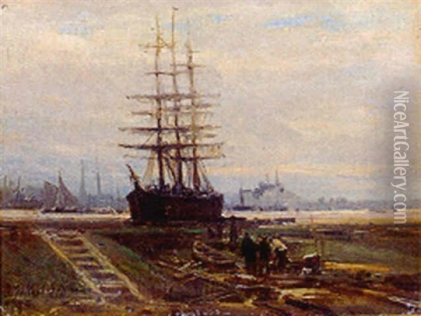 A Three-master In A Harbor Oil Painting - Paul Charles Emmanuel Gallard-Lepinay