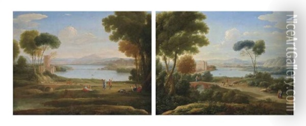 The Watermill Or The Marriage Of Isaac And Rebecca, And A Classical River Landscape With Figures On A Path And A Palace In The Distance (pair) Oil Painting - Hendrick Frans van Lint