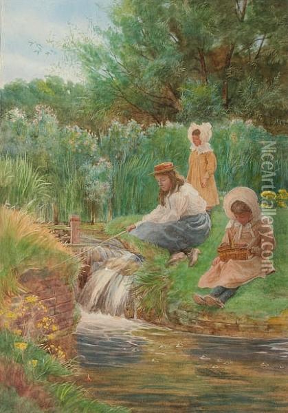 Children Fishing At A Stream Oil Painting - Charles Low