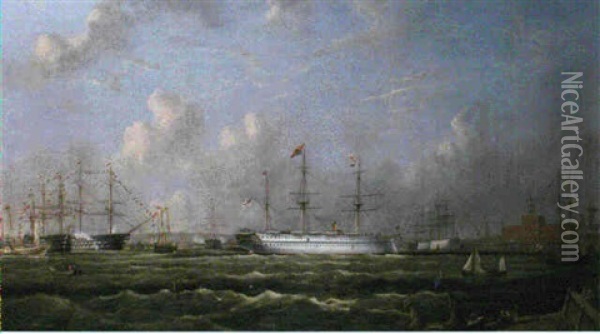 The Indian Troopship Serapis Arriving At Portsmouth 11 May  1876, H.r.h. The Prince Of Wales Aboard Her On His Return... Oil Painting - Arthur Wellington Fowles