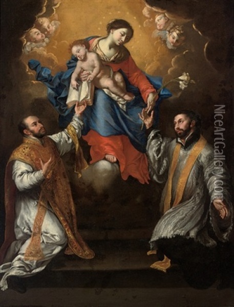 The Madonna And Child In Glory With Saints Ignatius Of Loyola And Xavier Oil Painting - Francesco de Rosa