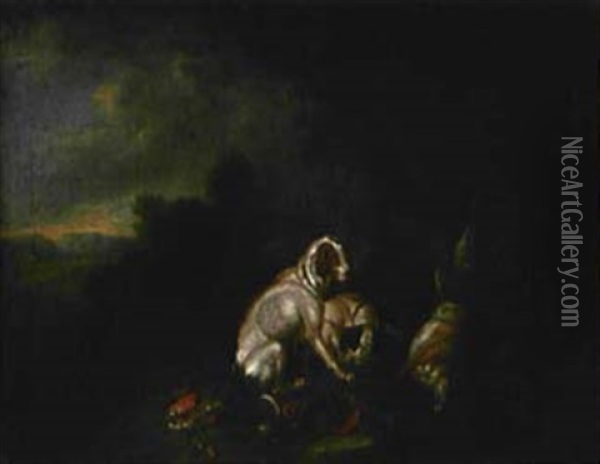 Jagdstillleben Mit Sitzendem Jagdhund Oil Painting - Adriaen de Gryef