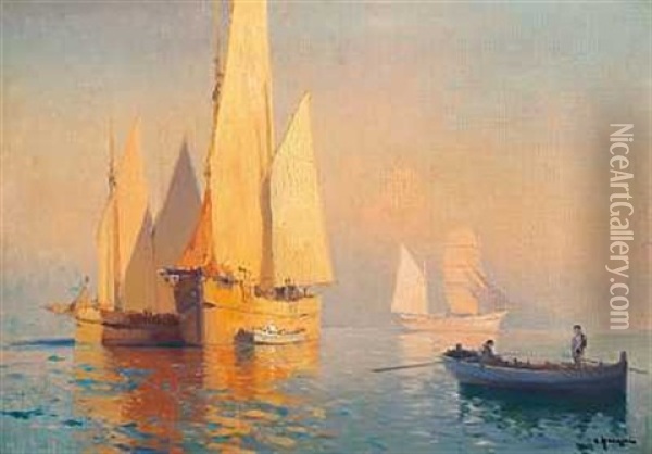 Sailing Ships On A Quiet Sea, In The Foreground Two Men In A Boat Oil Painting - Alexei Vasilievitch Hanzen