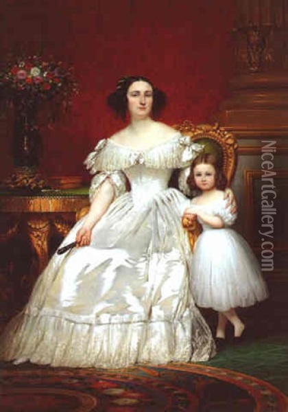 Portrait De Madame De Villeneuve Bargemon Et De Sa Fille Oil Painting - Joseph Desire Court