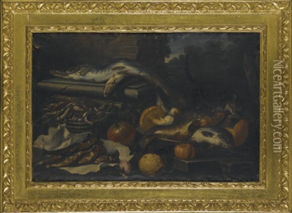 Luccio, Triglie, Melograno, Funghi, Un Gatto E Una Rosa Oil Painting - Pier Francesco Cittadini