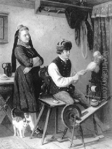 Spinning Wool Oil Painting - Karl Wilhelm Hahn