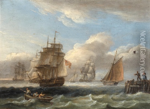 Royal Naval Warship And Other Shipping Off The Coast In Rough Seas; A Warship In A Calm (pair) Oil Painting - Thomas Luny