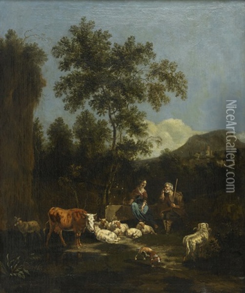 Pastoral Landscape With Shepherd Oil Painting - Johannes van der Bent