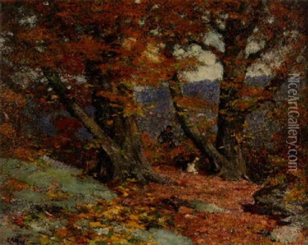 Hunter And Dog In An Autumn Landscape Oil Painting - Edward Henry Potthast