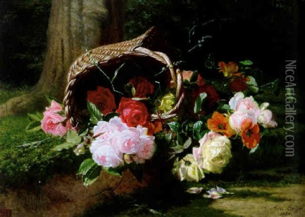 Still Life Of Roses With A Basket Oil Painting - Marc Laurent Bruyas