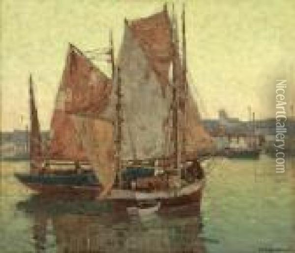 Evening , Brittany Boats In Harbor Oil Painting - Edgar Alwin Payne