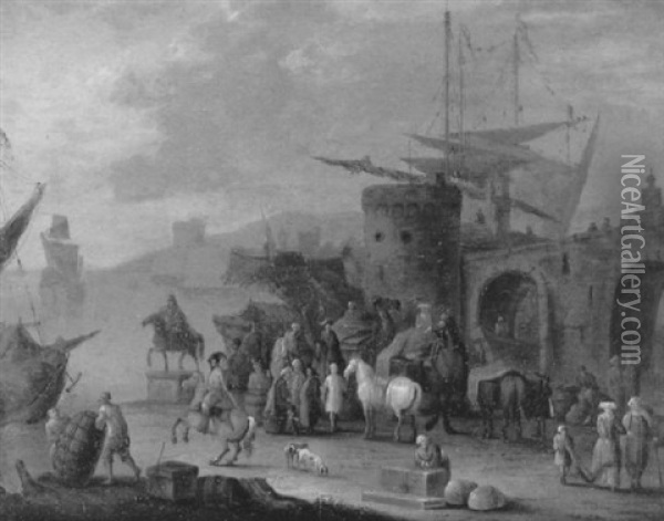 Marchands Turcs Sur Le Quai D'un Port Mediterraneen Oil Painting - Jan-Baptiste van der Meiren