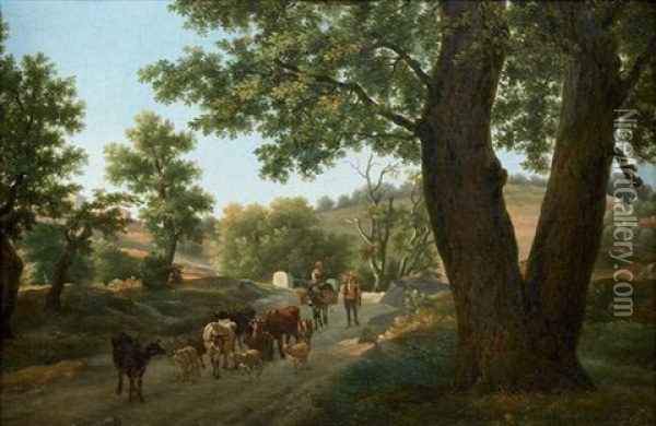 Bergers Et Leur Troupeau Sur Un Chemin Sur Sa Toile D'origine Oil Painting - Jean-Louis Demarne