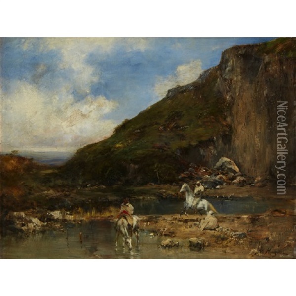 Horseman Stopping At A Stream Oil Painting - Victor Pierre Huguet