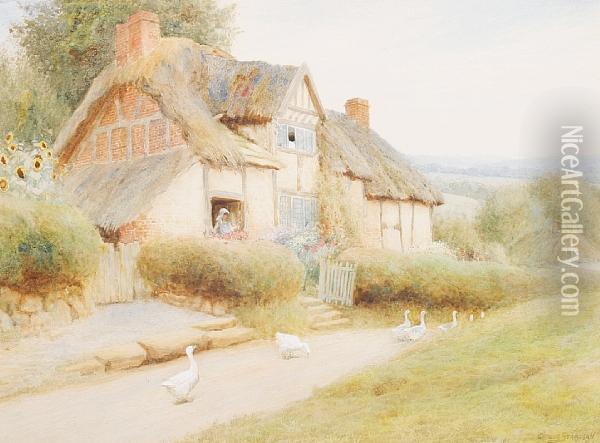 Geese On A Country Lane Oil Painting - Arthur Claude Strachan