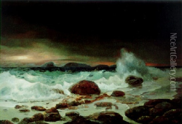 Nachtlicher Sturmhimmel Uber Einem Kustenwasser Am Felsigen Strand Oil Painting - Hans von Petersen