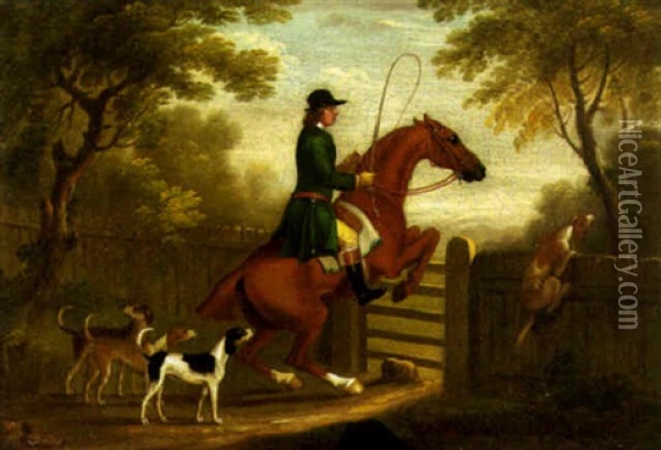 Huntsman With Hounds Jumping A Gate Oil Painting - James Seymour