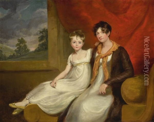 Portrait Of Mrs. Spencer Cooper And Child Reclined On A Chaise Longue Oil Painting - William Owen