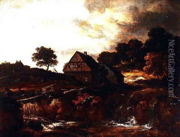 Wooded Landscape with peasant on a bridge over a torrent Oil Painting - (follower of) Ruisdael, Jacob I. van