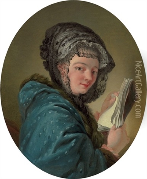 A Young Woman Holding A Book Said To Be Madame Deshayes Oil Painting - Jean Baptiste Henri Deshays