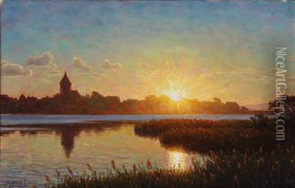 Sunset Over Ribe At St. Catharina Church Oil Painting - Henrik Gamst Jespersen