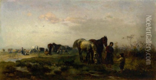 Pferdeweide Mit Einer Bauerin Und Ihrem Sohn, Die Zwei Rosse Zur Tranke Fuhren Oil Painting - Julius Noerr