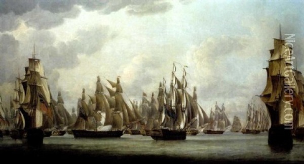 Commodore Dance's Celebrated Action Against A French Squadron In The Straits Of Malacca On 15th. February 1804 Oil Painting - Robert Dodd