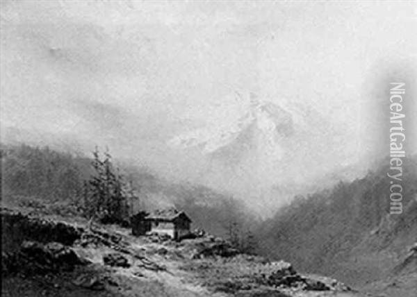 An Alpine Landscape With Figures By A Mountain Hut Oil Painting - Charles Hoguet