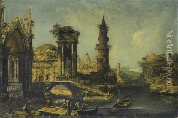 A Capriccio Of An Imagined Cityscape With Saint Mark's Basilica And Ruins On The Banks Of A River Oil Painting - Michele Marieschi