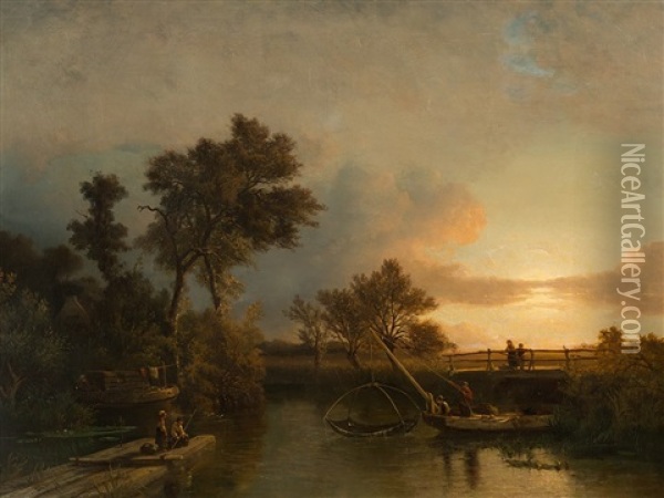 Evening Landscape With Children Fishing Oil Painting - Salomon Leonardus Verveer