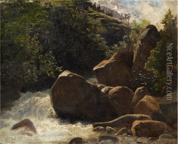 Felsige Berglandschaft Mit Einemgebirgsbach Zwischen Grosen Felsbrocken Oil Painting - Albert H. Gos