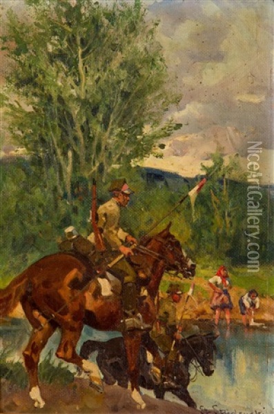 Spotkanie Nad Rzeka Oil Painting - Stanislaw Studencki