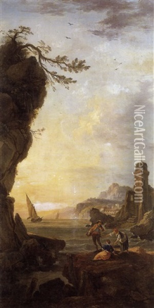Paysage Maritime Avec Famille De Pecheur Oil Painting - Joseph Antoine David