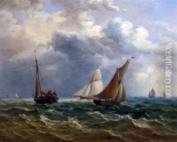 Fishing Boats At Sea Oil Painting - John Moore Of Ipswich