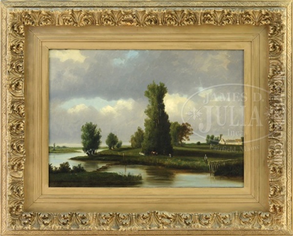 Barbizon Landscape With Figures By A River Oil Painting - Nicolas Louis Cabat