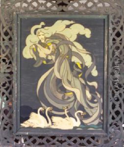 Lead On Glass Within A Celtic Style Carved Timber Frame, 79 X 53cm Oil Painting - Jessie Marion King