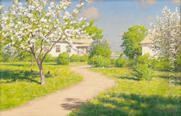 Gardsplan Med Blommande Korsbarstrad Oil Painting - Johan Fredrik Krouthen