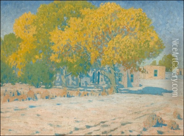 Adobes And Cottonwoods Oil Painting - Carl Redin