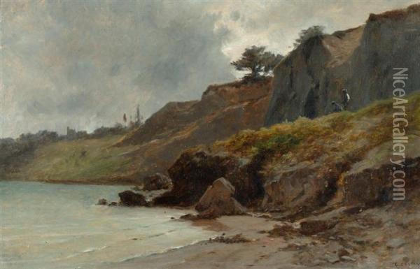 Rocky Coastal Landscape With Two Figures. Oil Painting - Gustave Castan