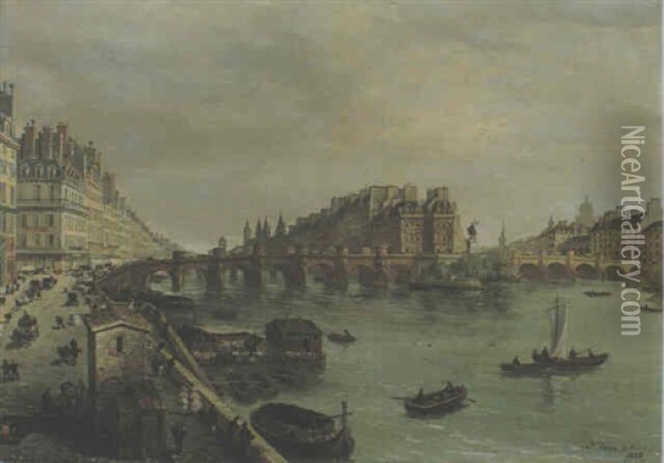 Vue De Paris Avec Le Pont Neuf Et L'ile De La Cite Oil Painting - Domenico Ferri