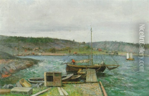 Skargardsvik Med Batar Oil Painting - Olof Hermelin